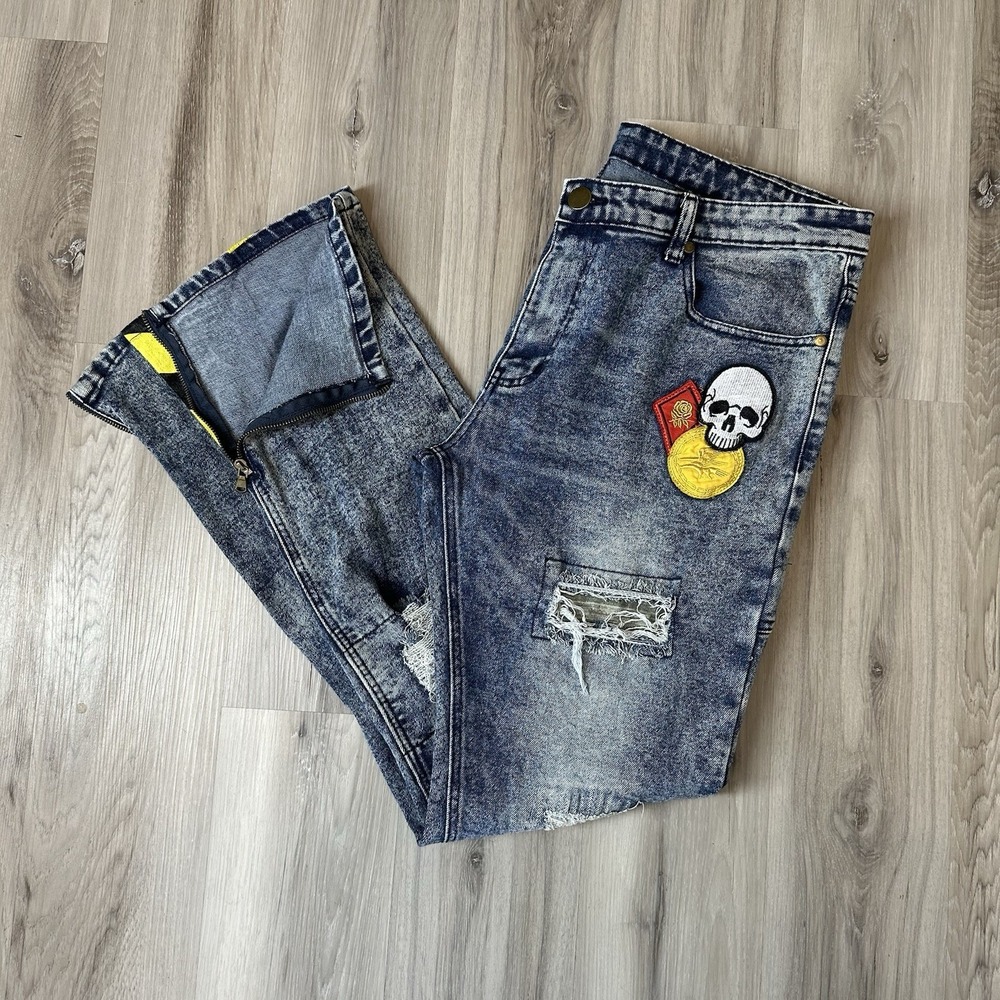 Men's Graphic Distressed Jeans 38x31.5 Vintage Wash Skull Patch Zip Ankle Urban